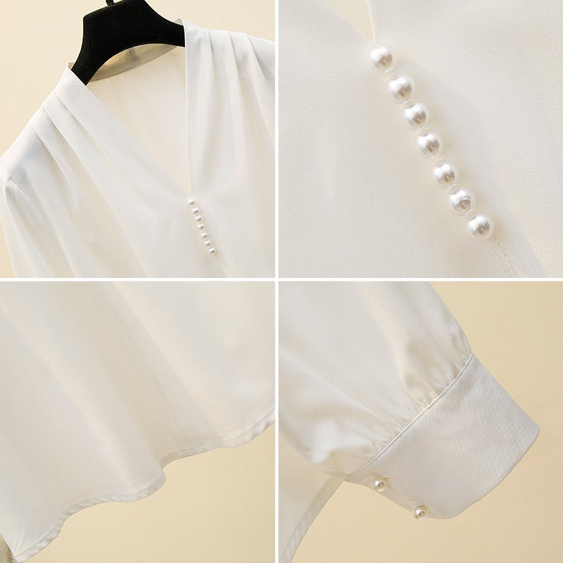 Plus Size Pearl Buttons V Neck Long Sleeve Blouse