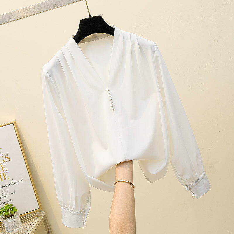 Plus Size Pearl Buttons V Neck Long Sleeve Blouse