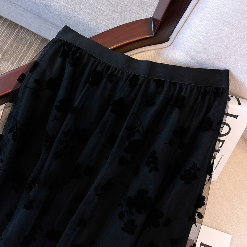 Plus Size Floral Velvet See Through Midi Skirt