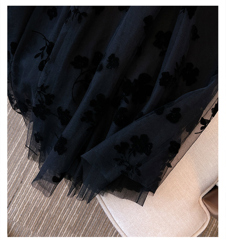 Plus Size Floral Velvet See Through Midi Skirt