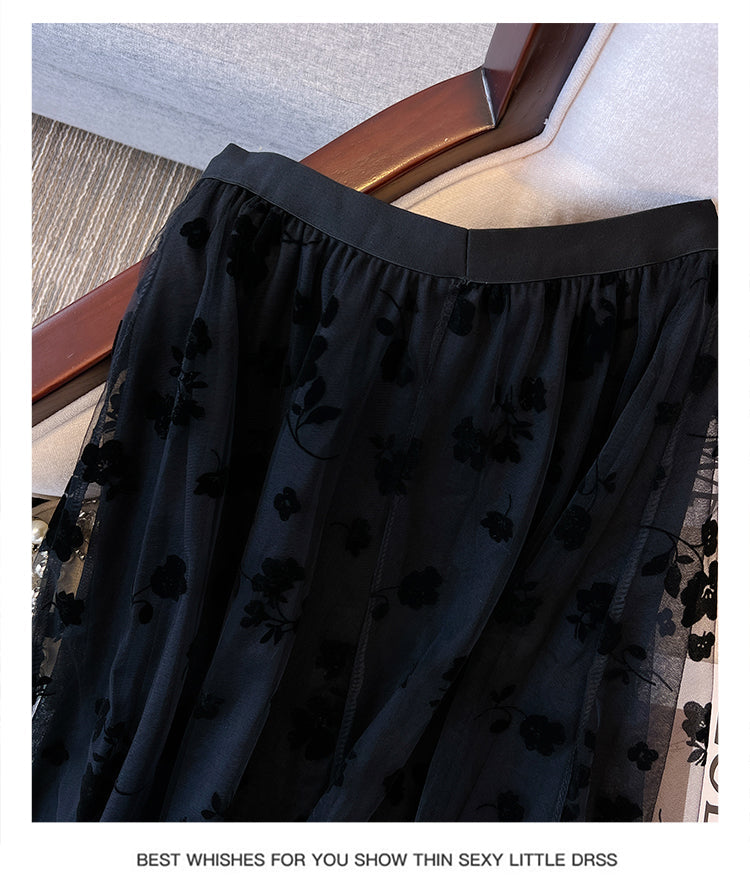 Plus Size Floral Velvet See Through Midi Skirt
