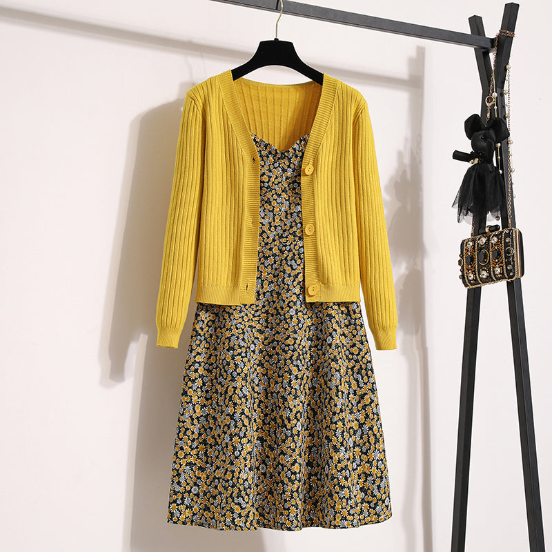 Plus Size Yellow Ditsy Floral Sleeveless Midi Dress and Cardigan Set