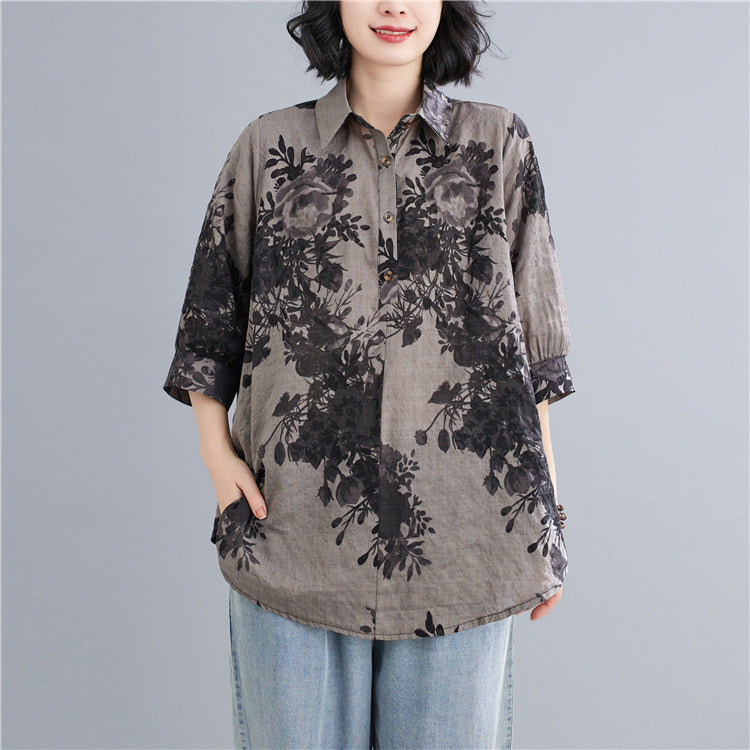 Plus Size Scenery Floral Shirt Blouse