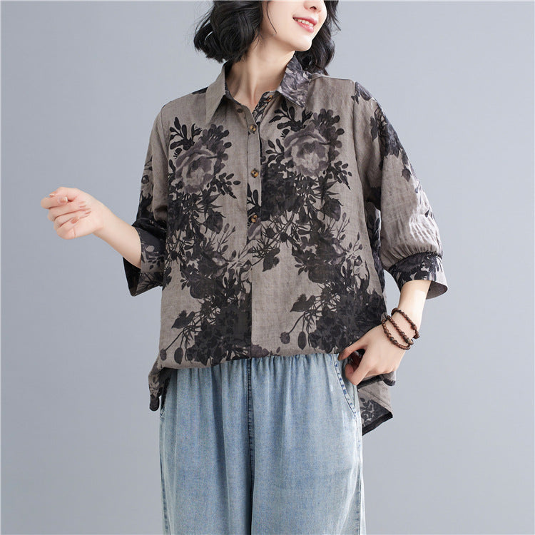 Plus Size Scenery Floral Shirt Blouse