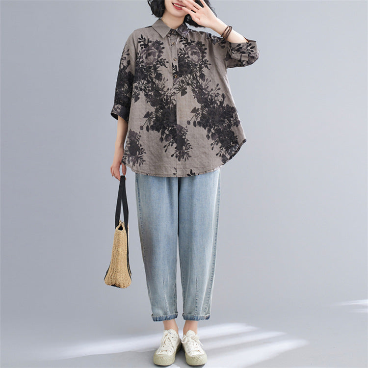 Plus Size Scenery Floral Shirt Blouse