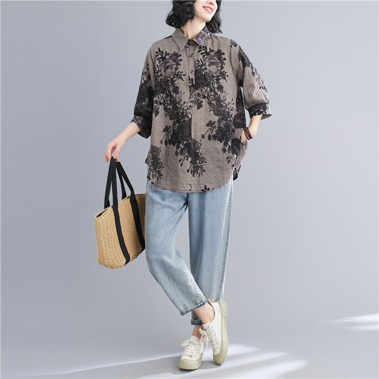 Plus Size Scenery Floral Shirt Blouse
