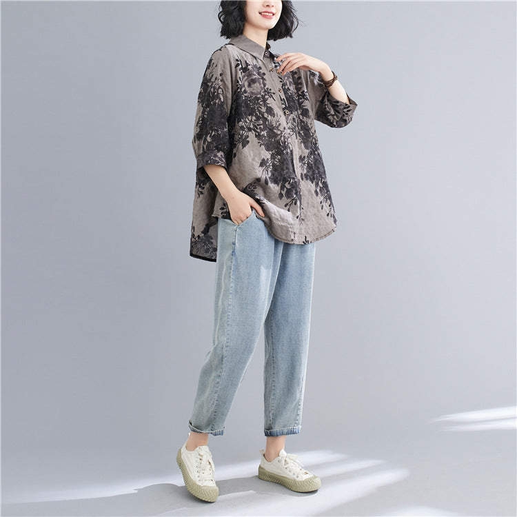 Plus Size Scenery Floral Shirt Blouse