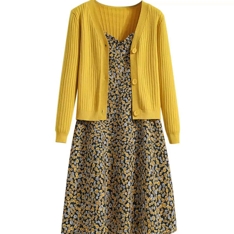 Plus Size Yellow Ditsy Floral Sleeveless Midi Dress and Cardigan Set