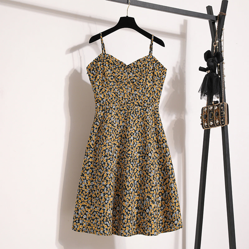 Plus Size Yellow Ditsy Floral Sleeveless Midi Dress and Cardigan Set