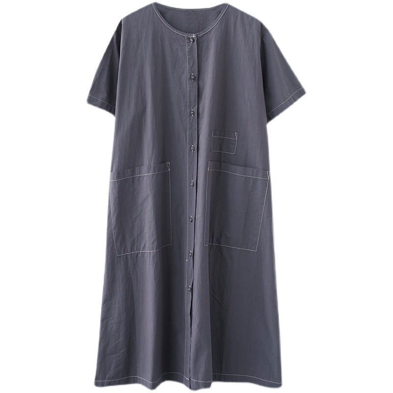 Plus Size Cotton Stitched Pocket Round Neck Midi Dress