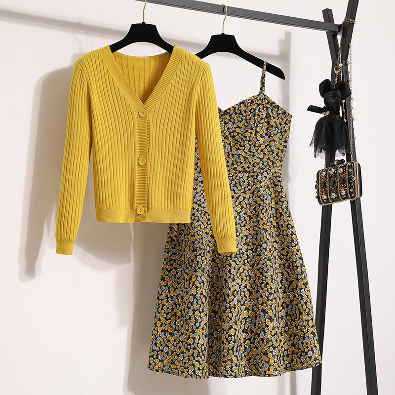 Plus Size Yellow Ditsy Floral Sleeveless Midi Dress and Cardigan Set
