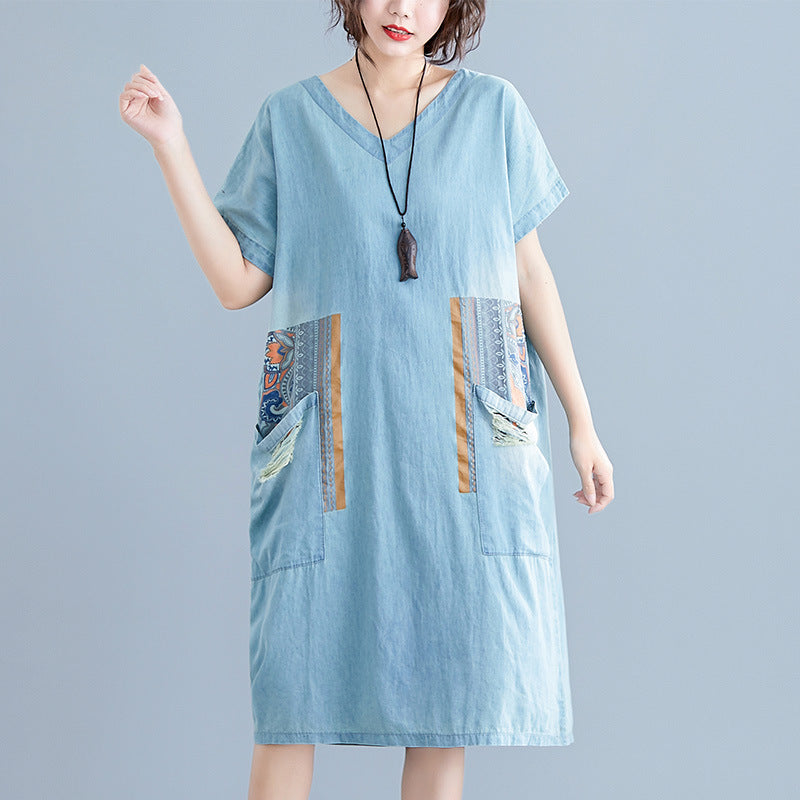Plus Size Ethnic Denim Pockets V Neck Midi Dress
