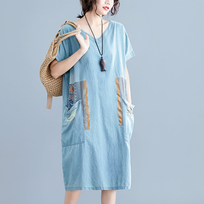 Plus Size Ethnic Denim Pockets V Neck Midi Dress