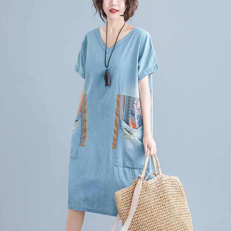 Plus Size Ethnic Denim Pockets V Neck Midi Dress