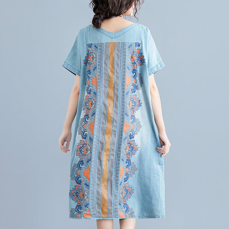 Plus Size Ethnic Denim Pockets V Neck Midi Dress