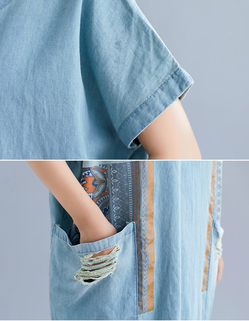 Plus Size Ethnic Denim Pockets V Neck Midi Dress