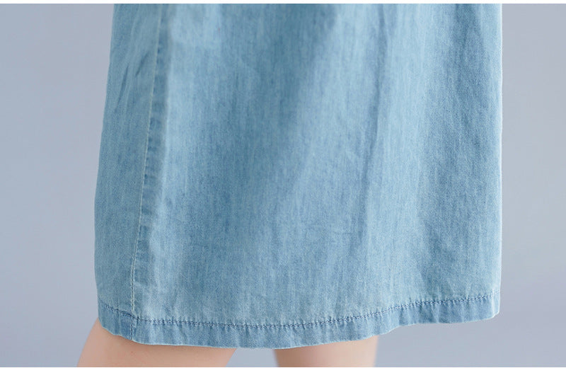 Plus Size Ethnic Denim Pockets V Neck Midi Dress