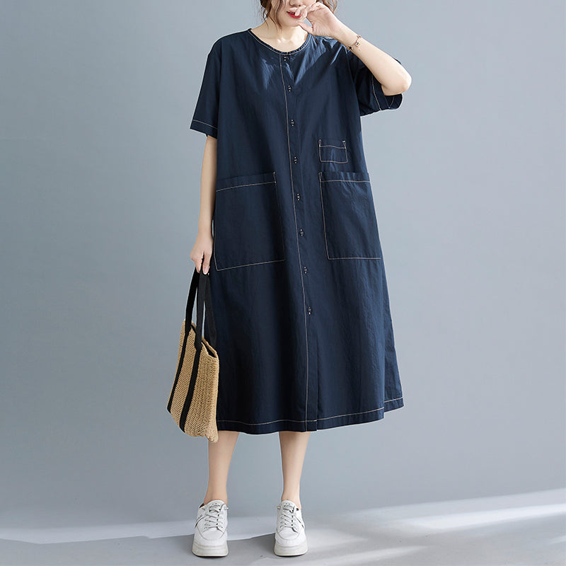 Plus Size Cotton Stitched Pocket Round Neck Midi Dress