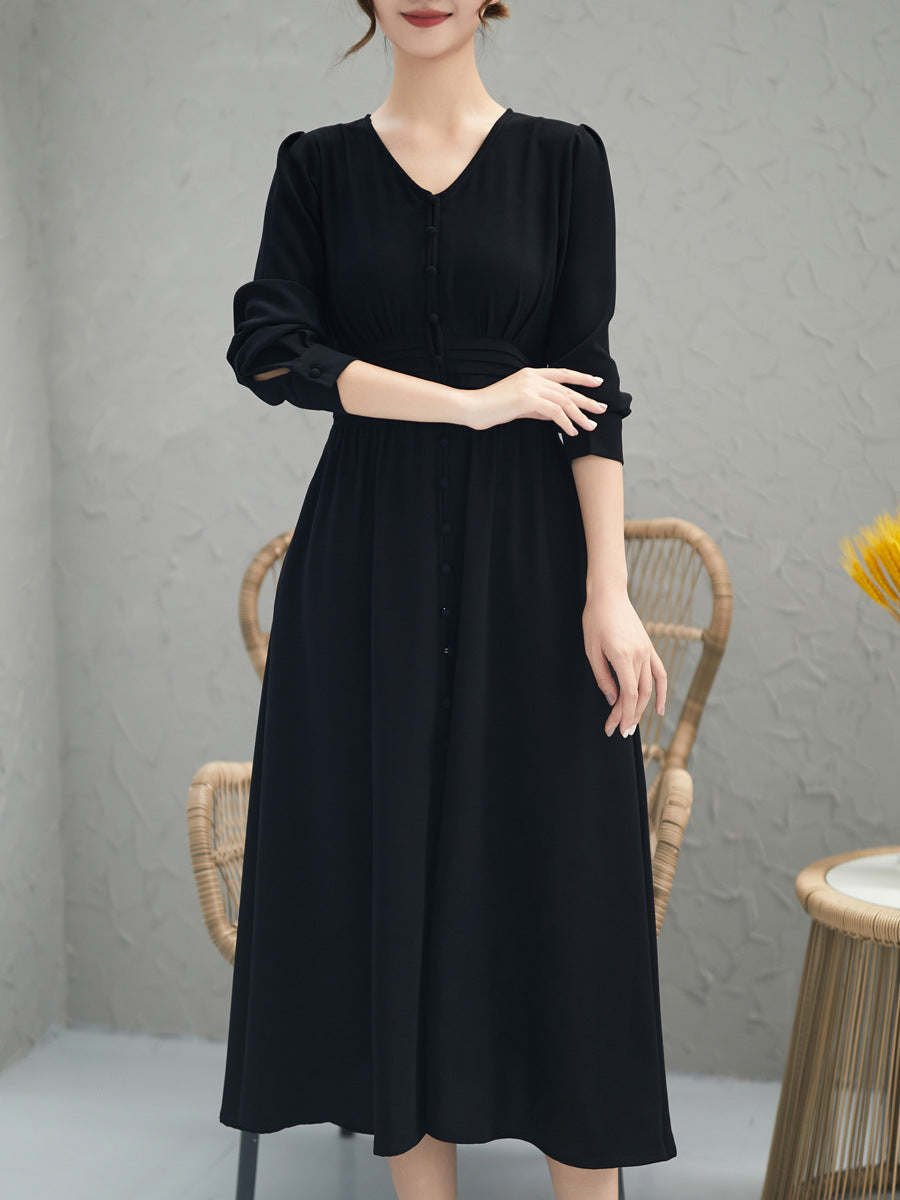 Plus Size Korean Black Buttons Midi Dress