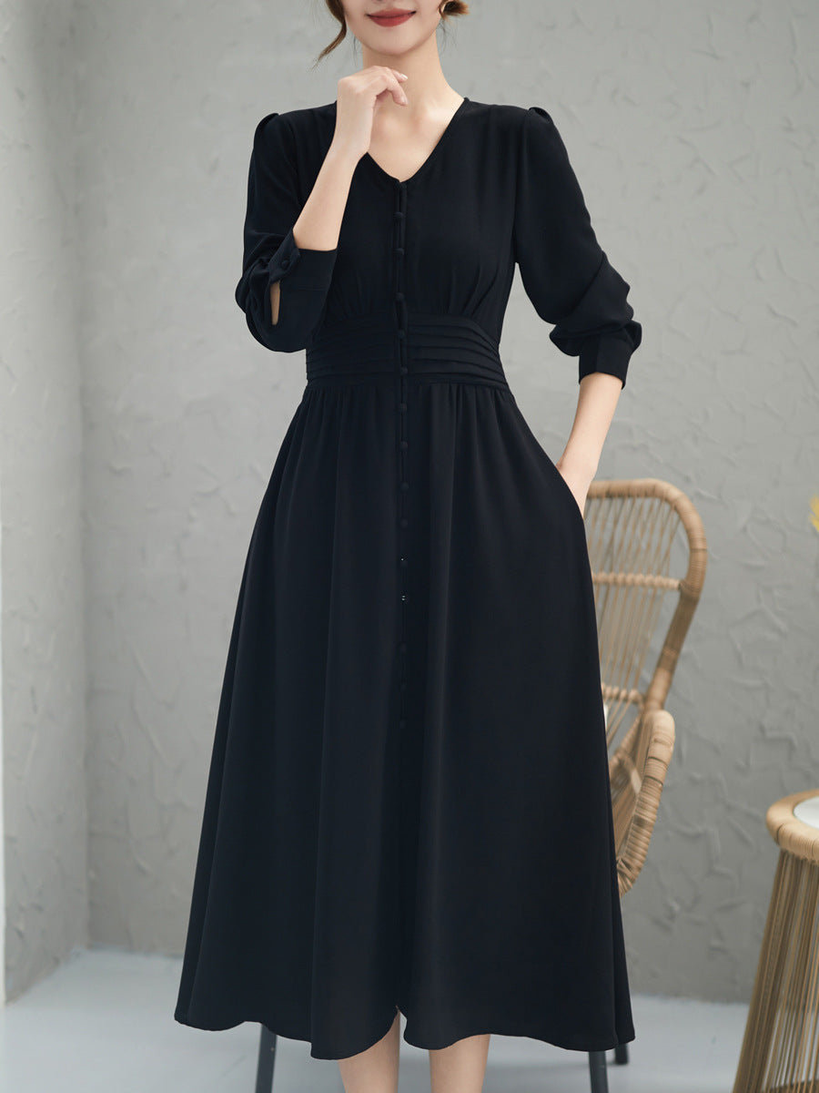 Plus Size Korean Black Buttons Midi Dress