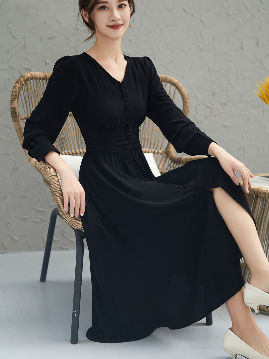 Plus Size Korean Black Buttons Midi Dress