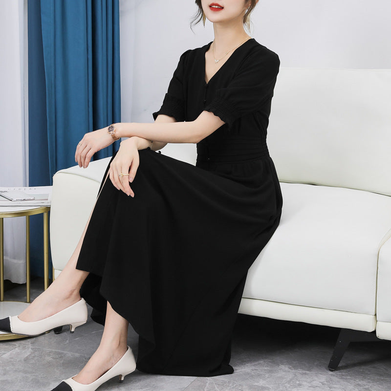 Plus Size Korean Pleat Buttons Midi Dress