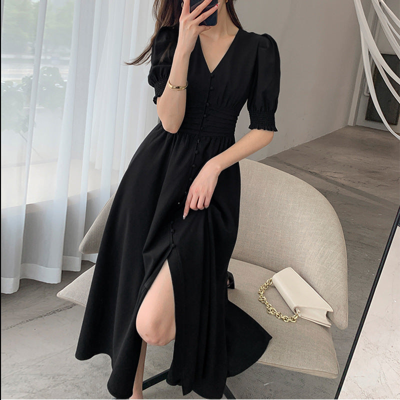 Plus Size Korean Pleat Buttons Midi Dress