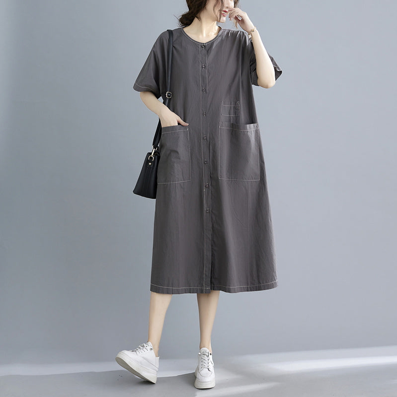 Plus Size Cotton Stitched Pocket Round Neck Midi Dress