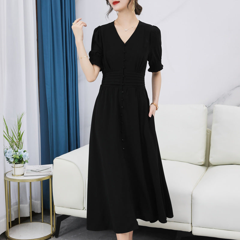 Plus Size Korean Pleat Buttons Midi Dress