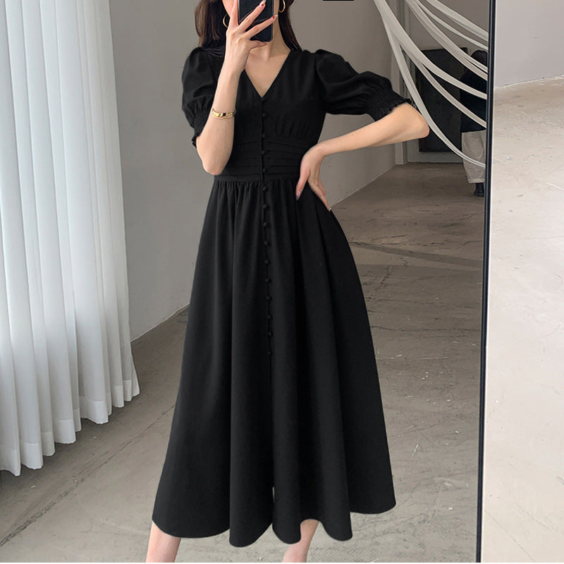 Plus Size Korean Pleat Buttons Midi Dress