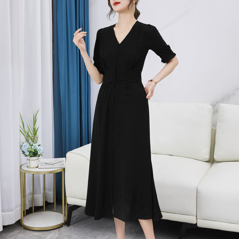 Plus Size Korean Pleat Buttons Midi Dress