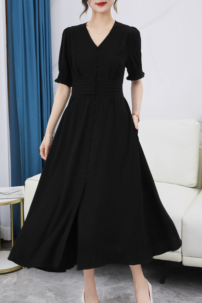 Plus Size Korean Pleat Buttons Midi Dress