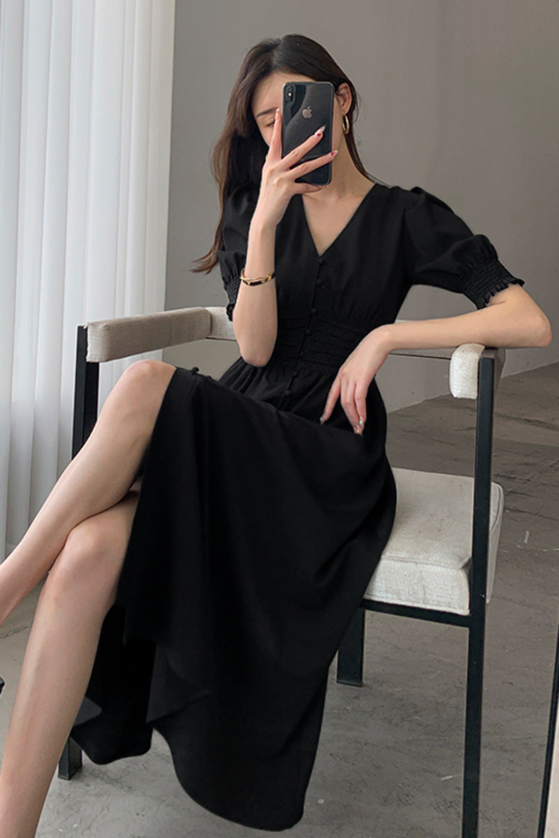 Plus Size Korean Pleat Buttons Midi Dress