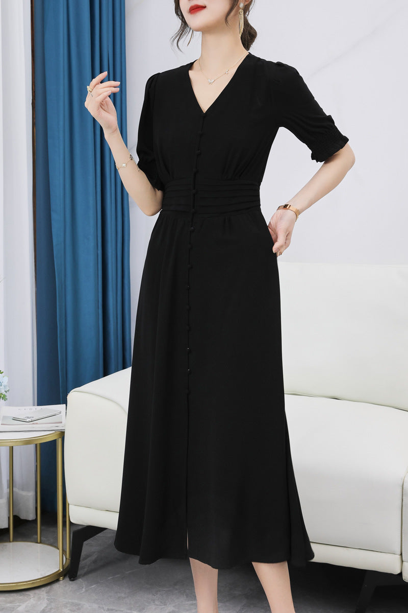 Plus Size Korean Pleat Buttons Midi Dress