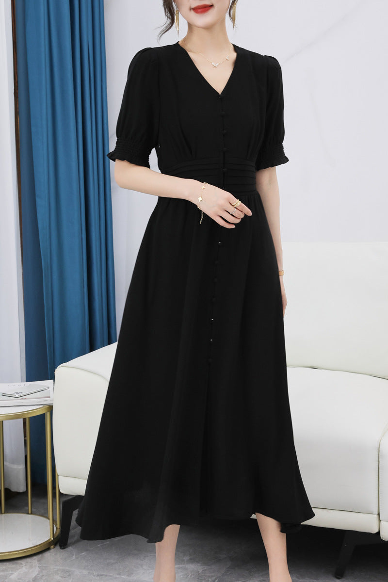 Plus Size Korean Pleat Buttons Midi Dress