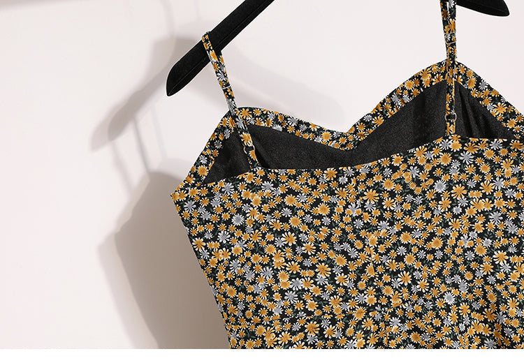 Plus Size Yellow Ditsy Floral Sleeveless Midi Dress and Cardigan Set