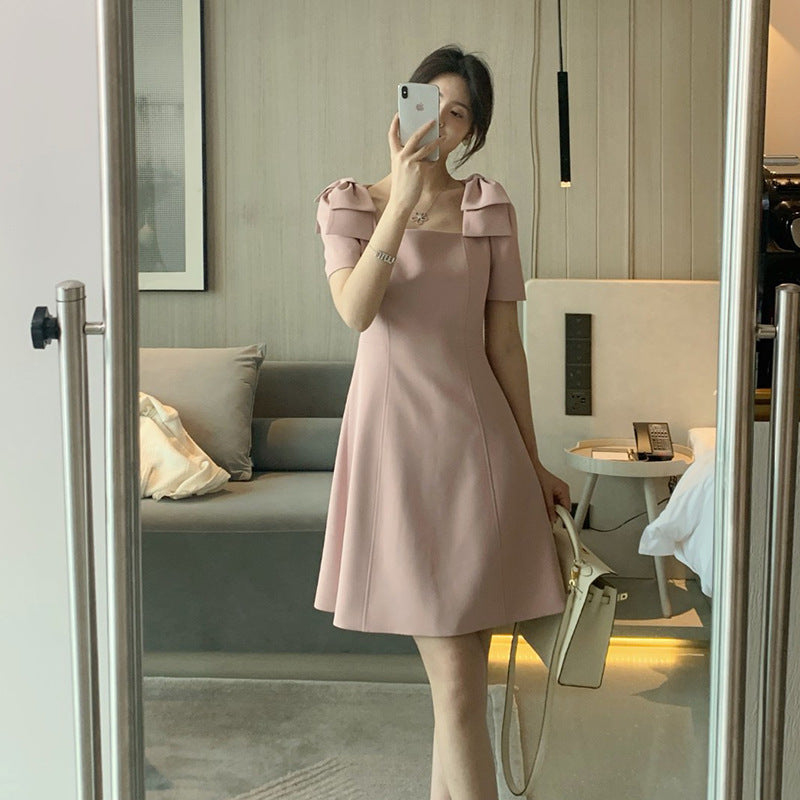 Plus Size Korean Ribbon Shoulder Square Neck Dress