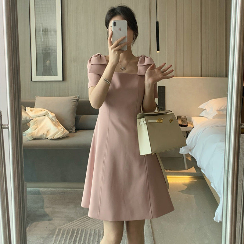 Plus Size Korean Ribbon Shoulder Square Neck Dress