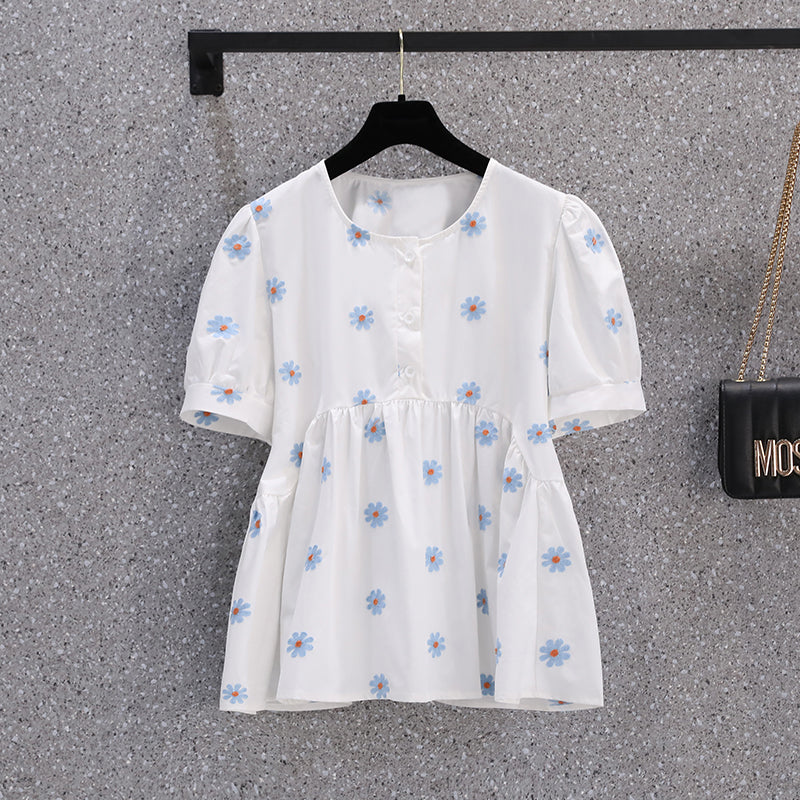 Plus Size Daisy Embroidery Babydoll Korean Blouse