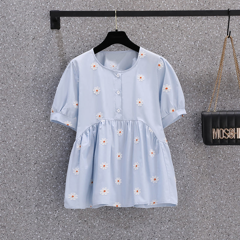 Plus Size Daisy Embroidery Babydoll Korean Blouse