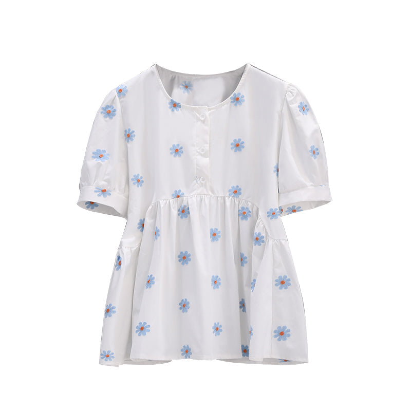 Plus Size Daisy Embroidery Babydoll Korean Blouse