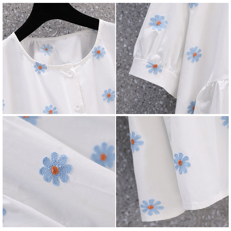 Plus Size Daisy Embroidery Babydoll Korean Blouse