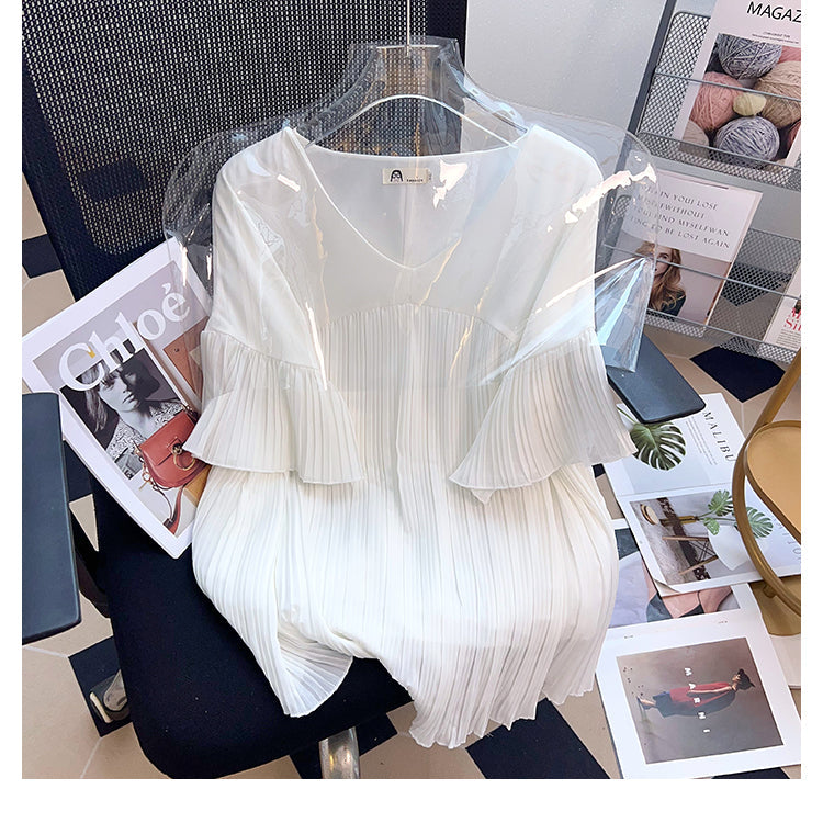 Plus Size Chiffon V Neck Pleat Blouse