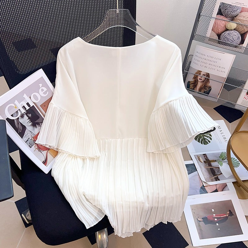 Plus Size Chiffon V Neck Pleat Blouse