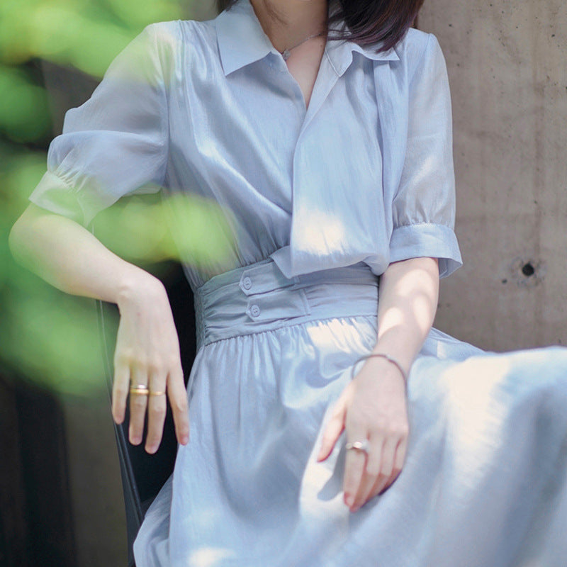 Plus Size Light Blue Wrap Midi Shirt Dress