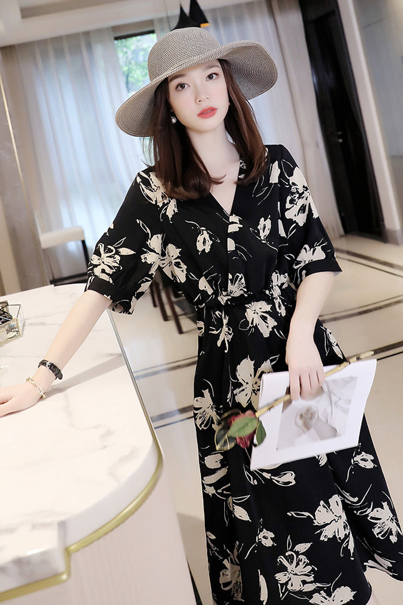 Plus Size Korean Monochrome Floral Wrap V Neck Midi Dress