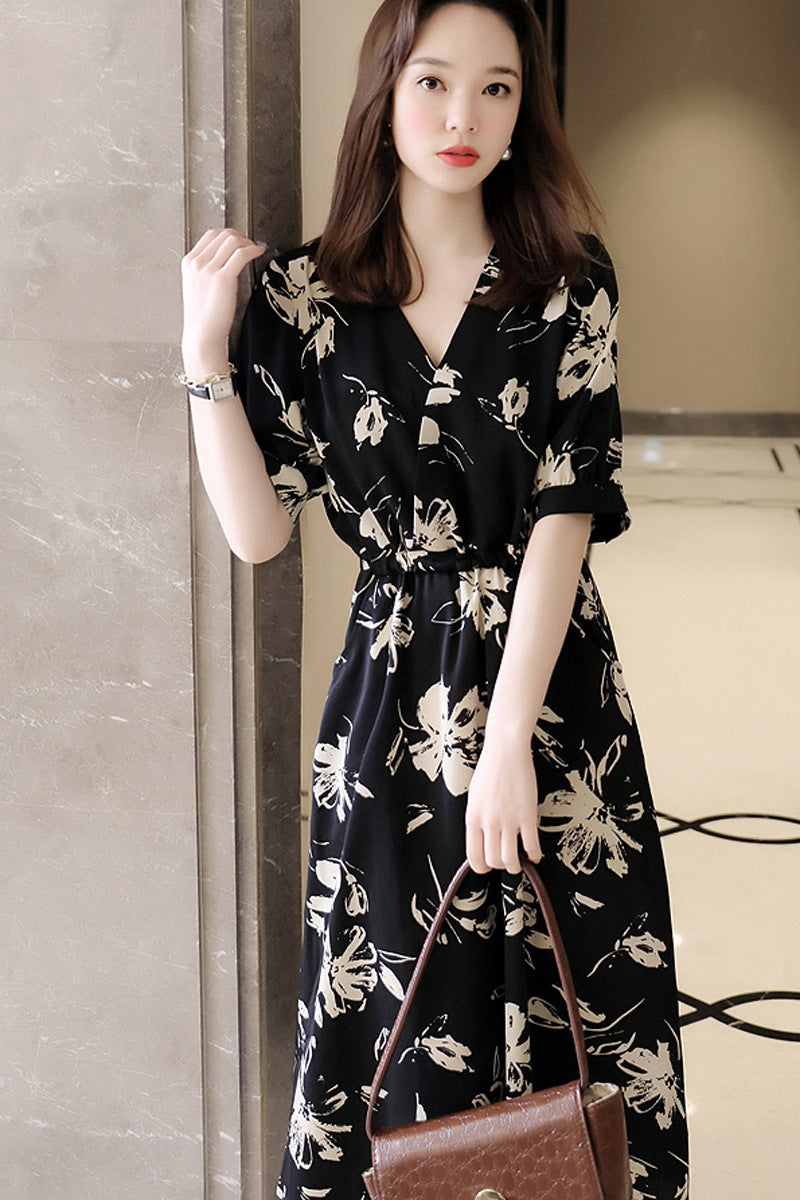 Plus Size Korean Monochrome Floral Wrap V Neck Midi Dress