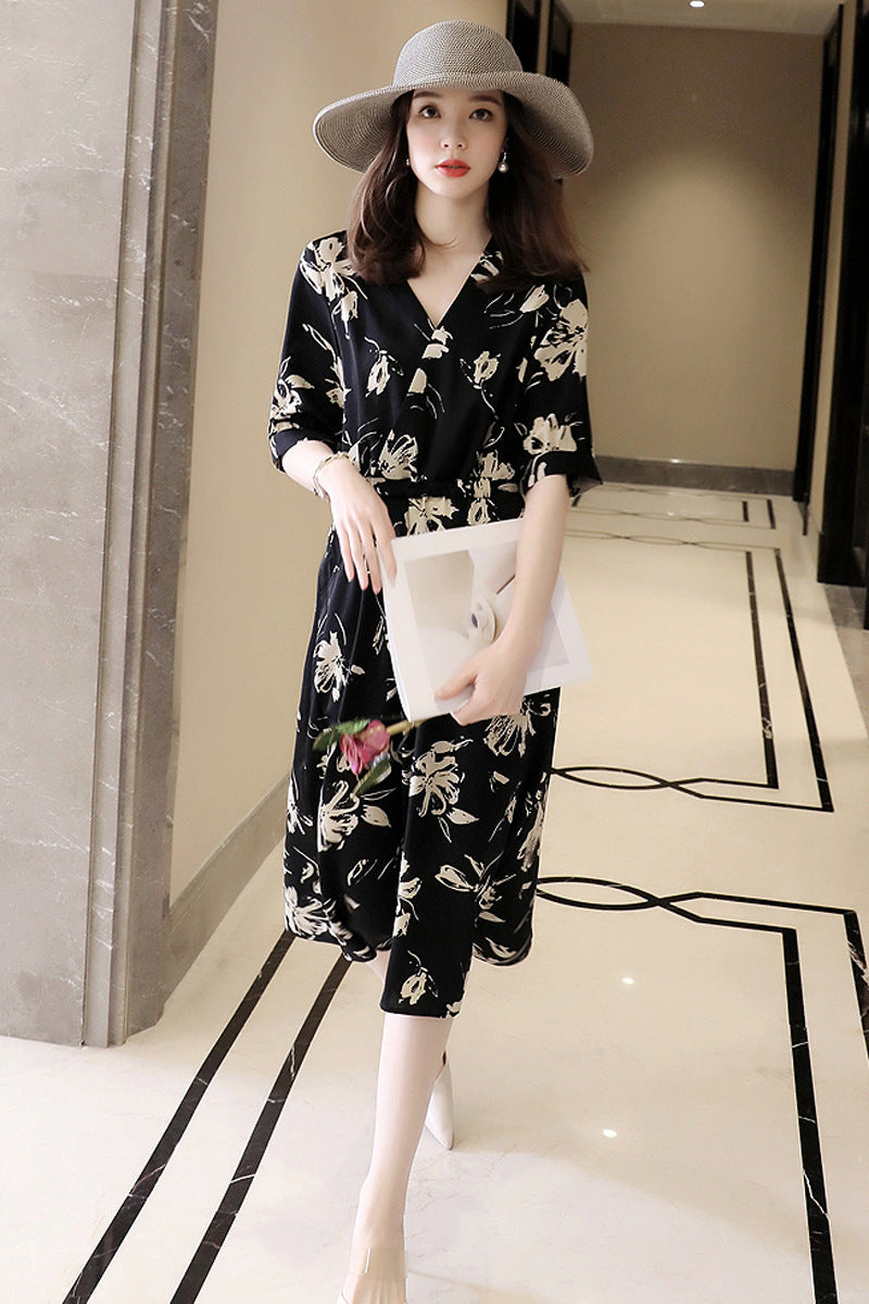 Plus Size Korean Monochrome Floral Wrap V Neck Midi Dress