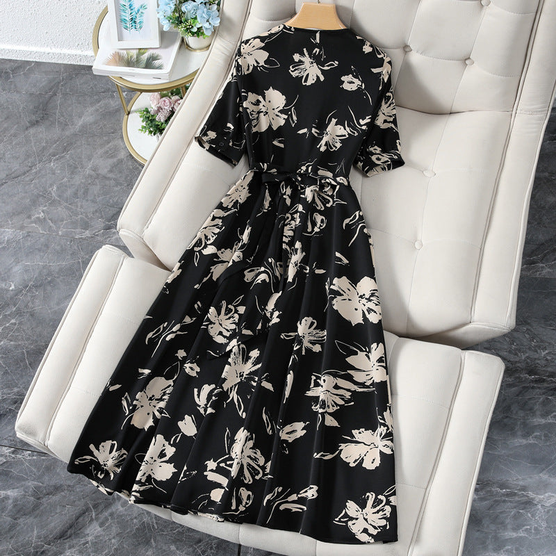 Plus Size Korean Monochrome Floral Wrap V Neck Midi Dress