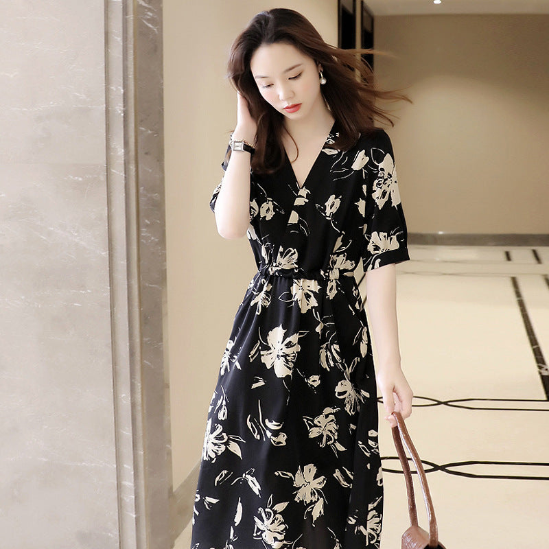 Plus Size Korean Monochrome Floral Wrap V Neck Midi Dress